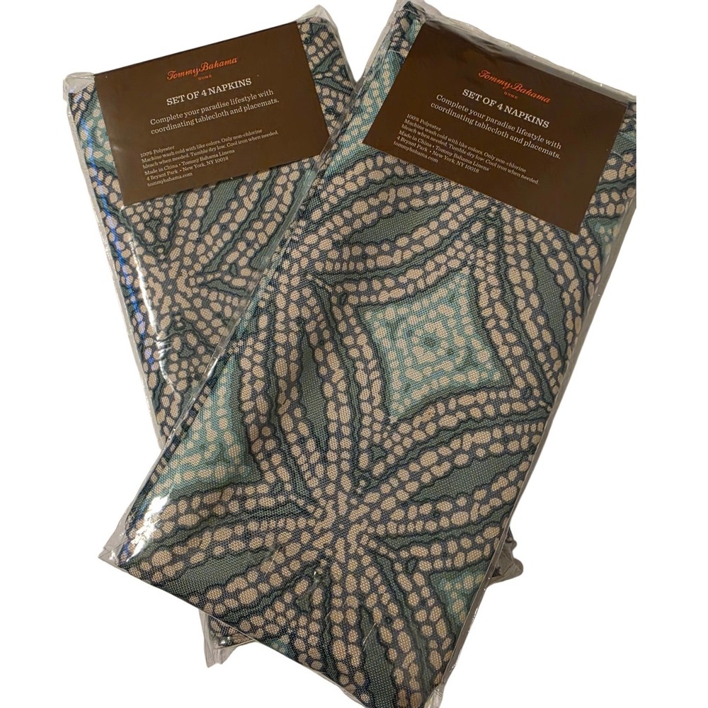 Tommy Bahama Home Set of 8 Napkins Blue Teal Geometric Mosaic Tropical Coastal